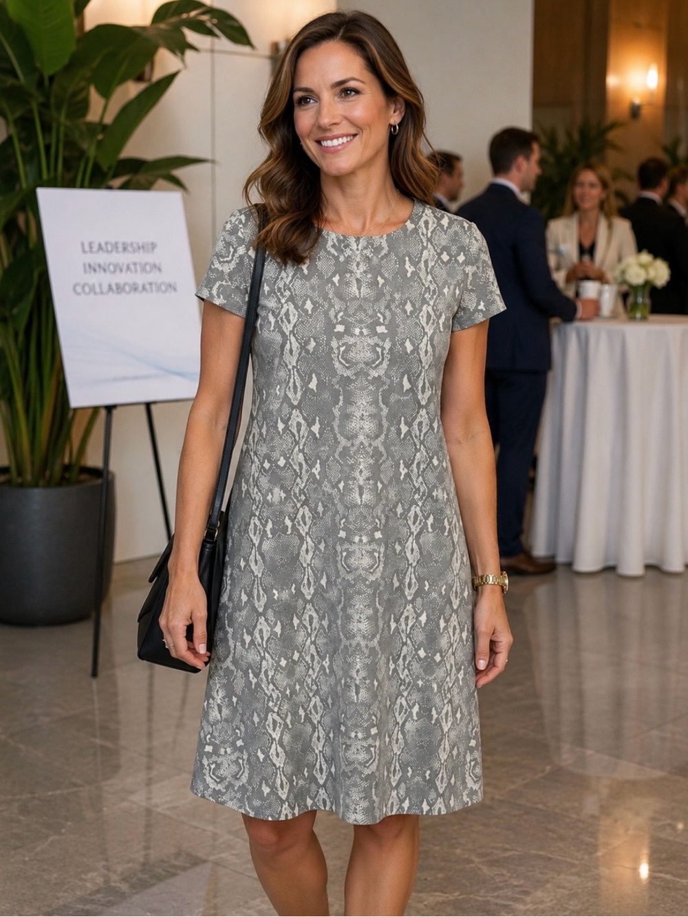 J. McLaughlin Gray Snake-Print Short Sleeve A-Line Dress